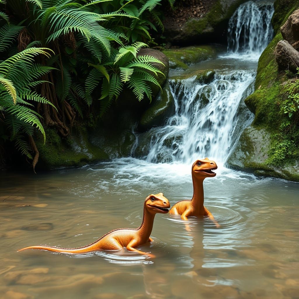 Baby Dinosaurs Bathe in Paradise Waterfall