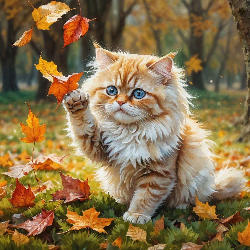 Cat's Autumn Play: A Watercolor Masterpiece
