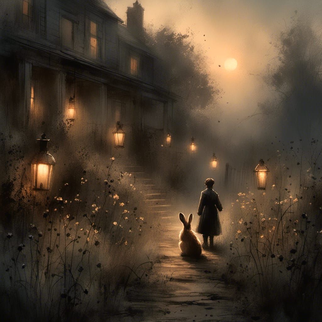 Velveteen Rabbit in Overgrown Garden at Sunset