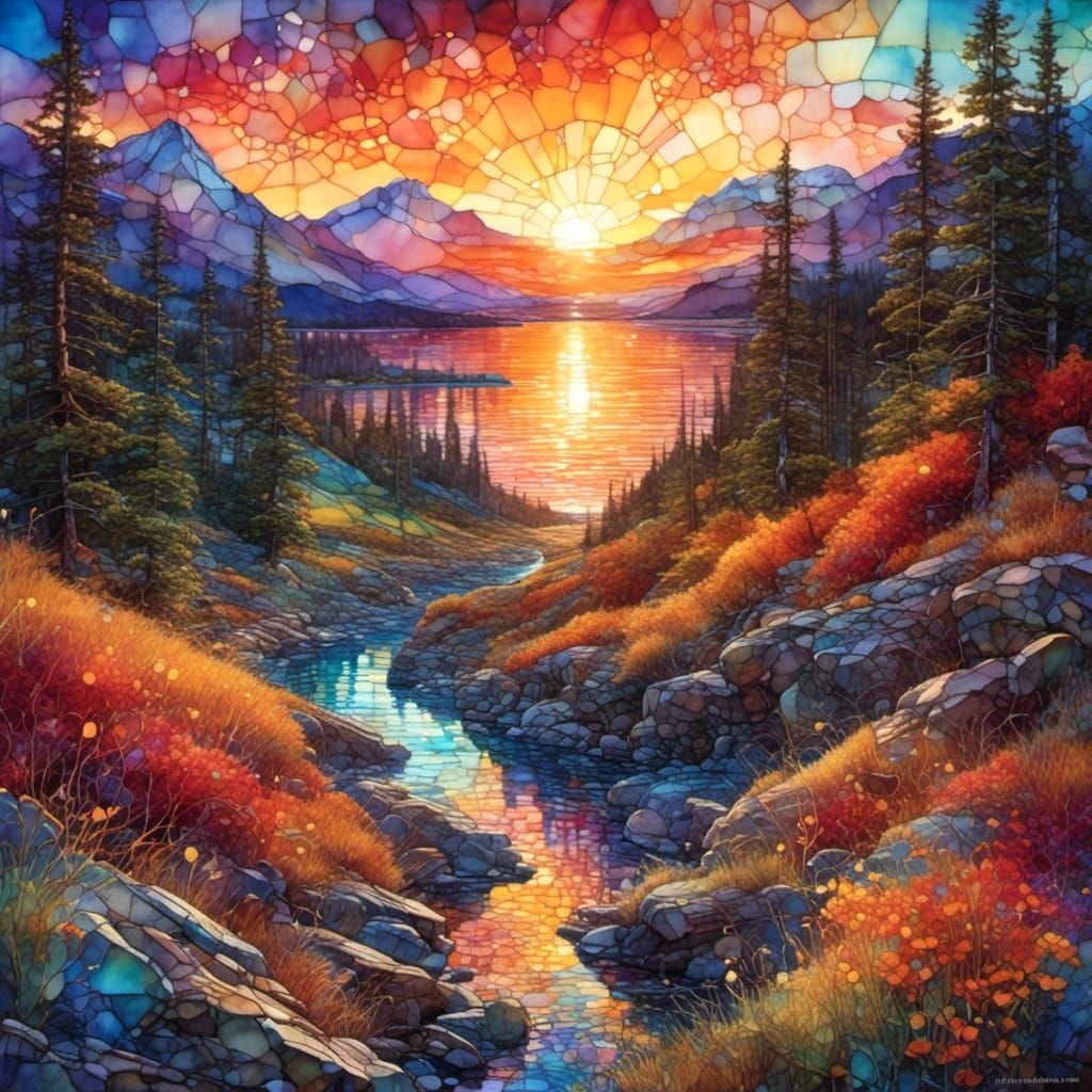 Sunset Landscape Refracted Through Broken Glass