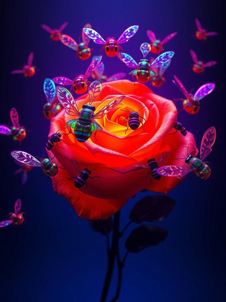 Neon Bees Swarming a Rose Bouquet