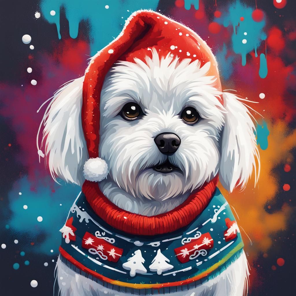 Fluffy White Dog in Christmas Sweater: Graffiti Art