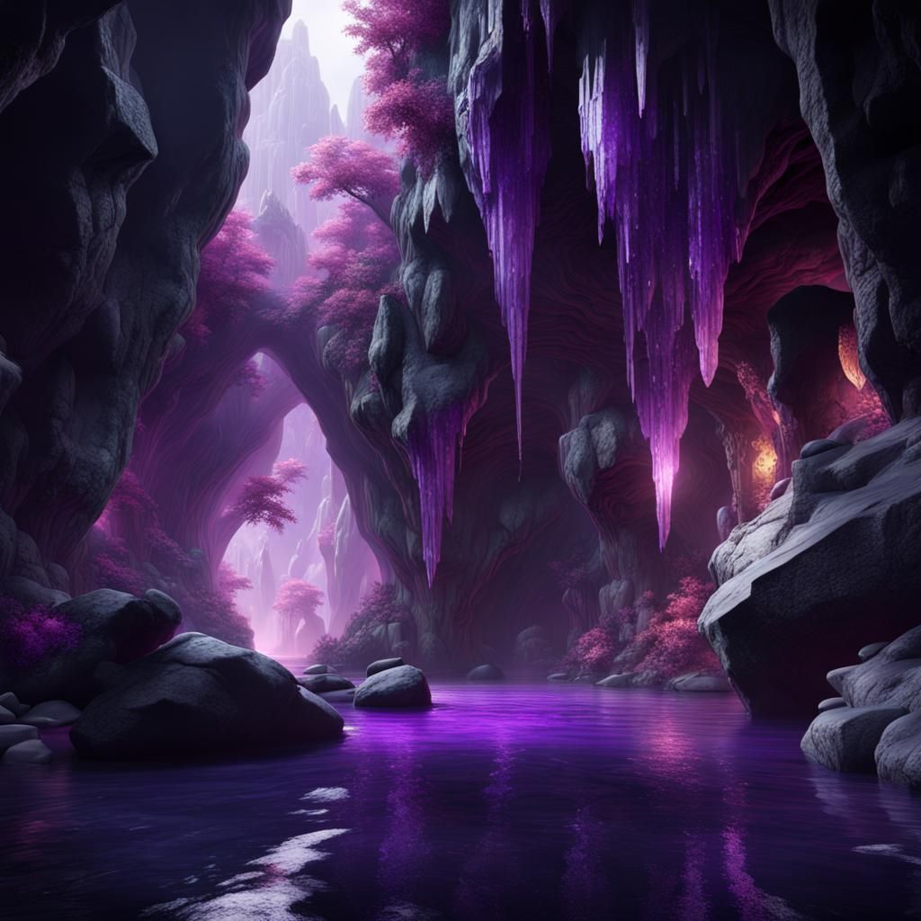 Sparkling Amethyst Crystal Cave with Purple Stream