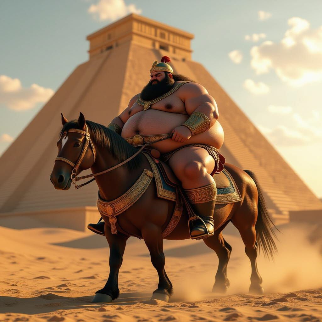 Overweight Gilgamesh Rides Tiny Horse Near Ziggurat