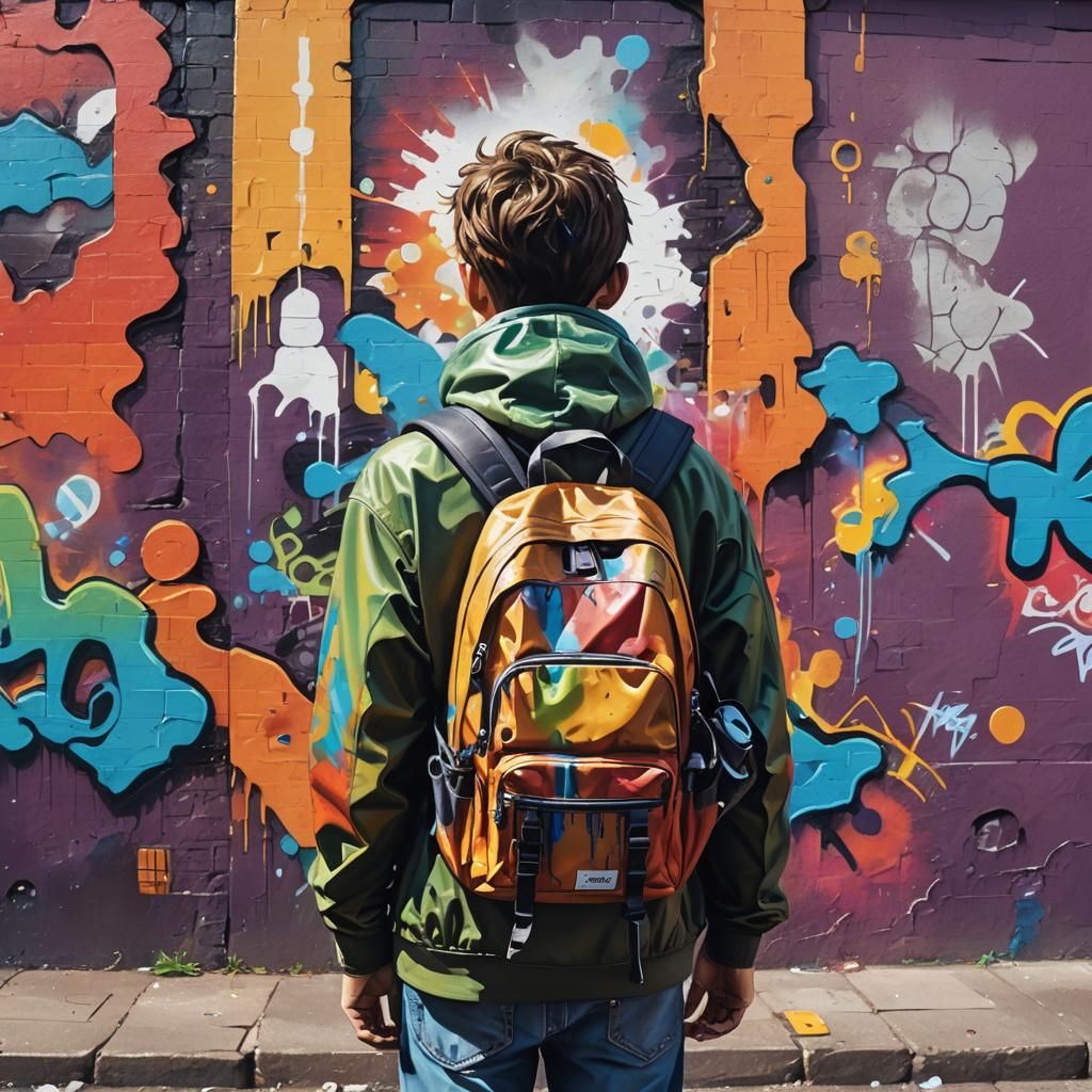 Boy With Backpack in Vibrant Street Art Style