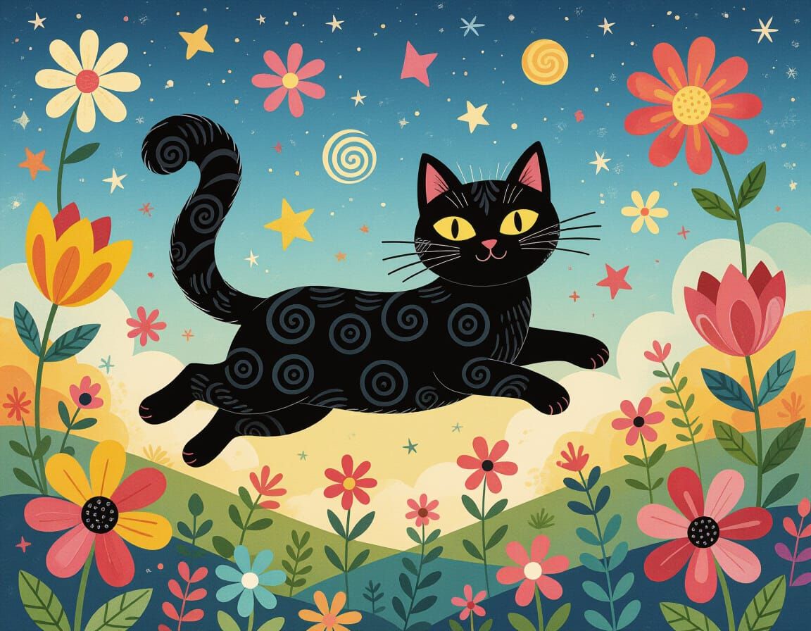 Whimsical Black Cat Leaping Through Dreamscape