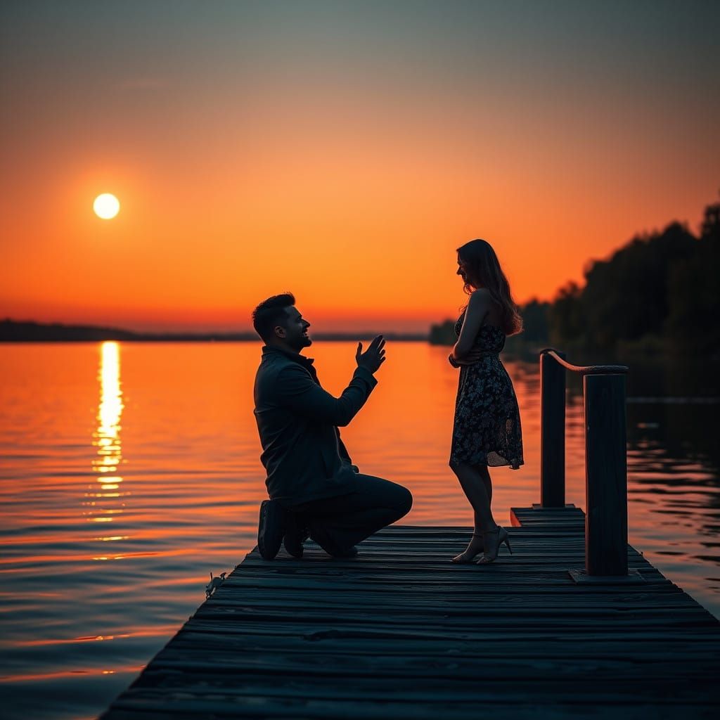 Romantic Lakeside Proposal Under Golden Sunset