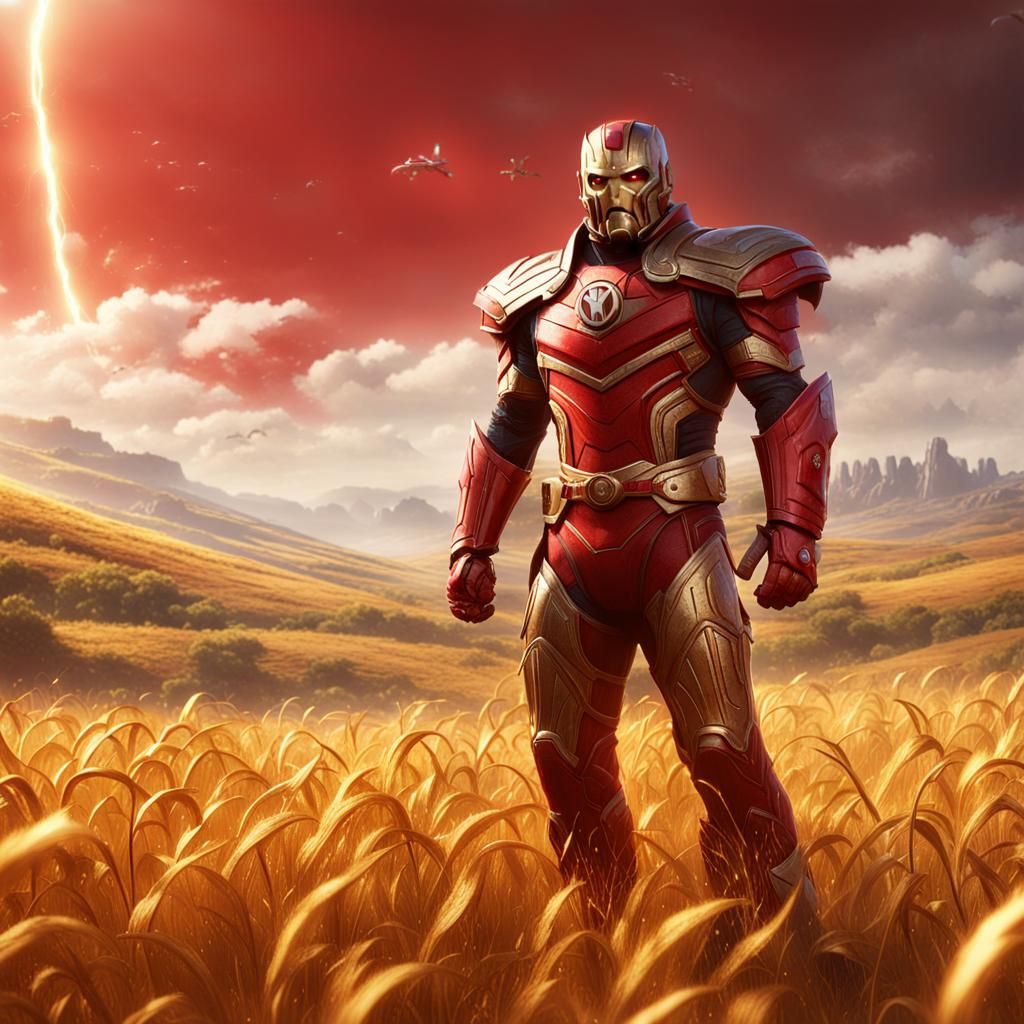 Red Guardian in Golden Field: Detailed Matte Painting
