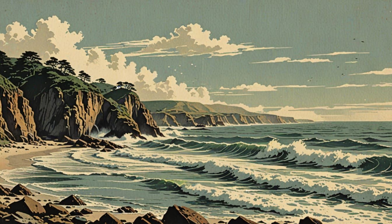 Vintage Serigraphy Of A Rocky Coastline Beach