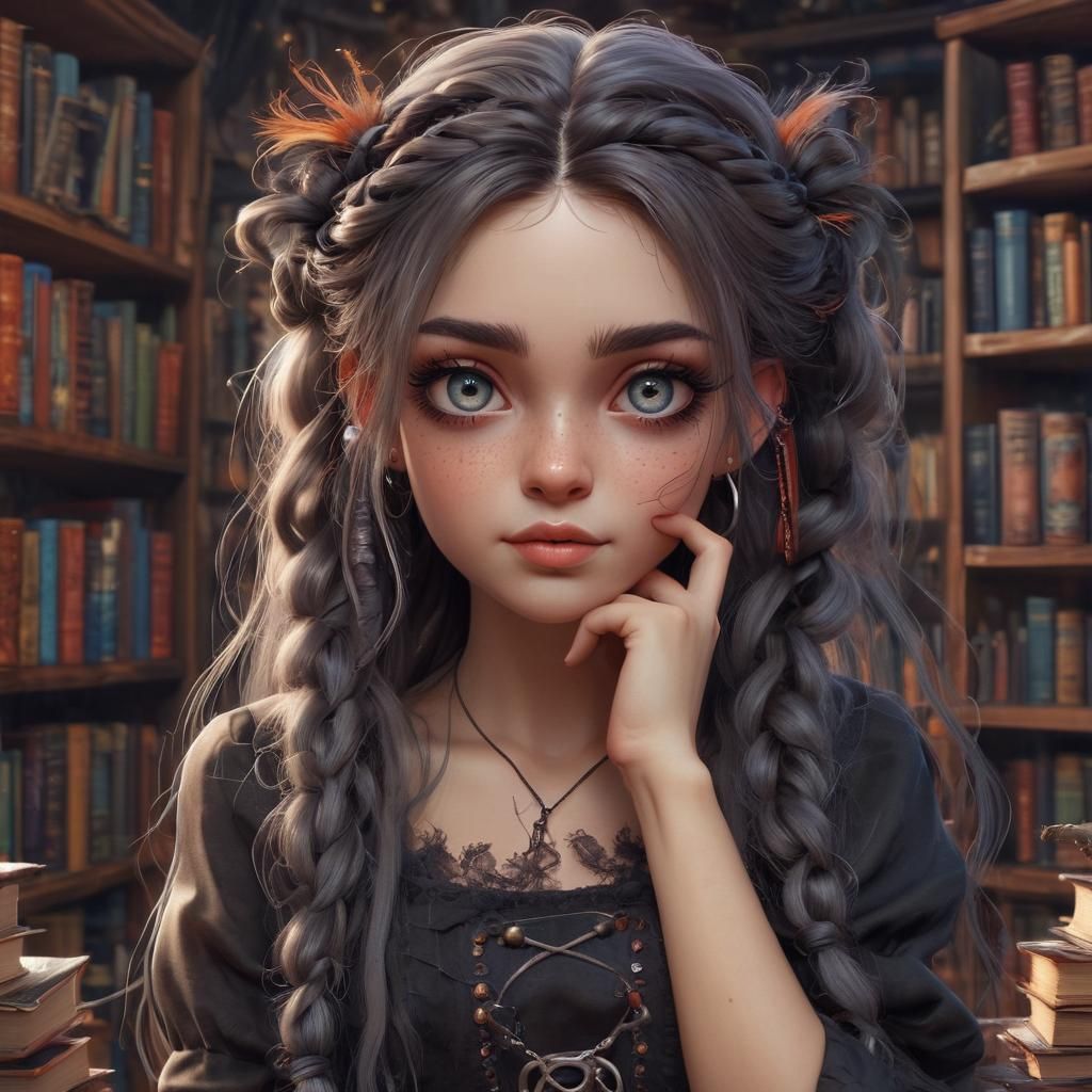 Whimsical Witch Girl in Magical Library, Digital Art