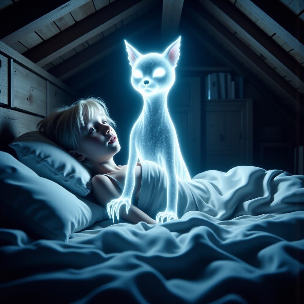 Ethereal Guardian: Ghost Cat Watching Over Sleeping Child