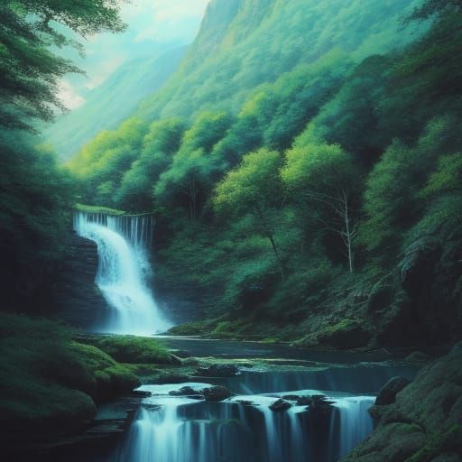 Waterfall in Forest with Mountains: Anime Key Visual