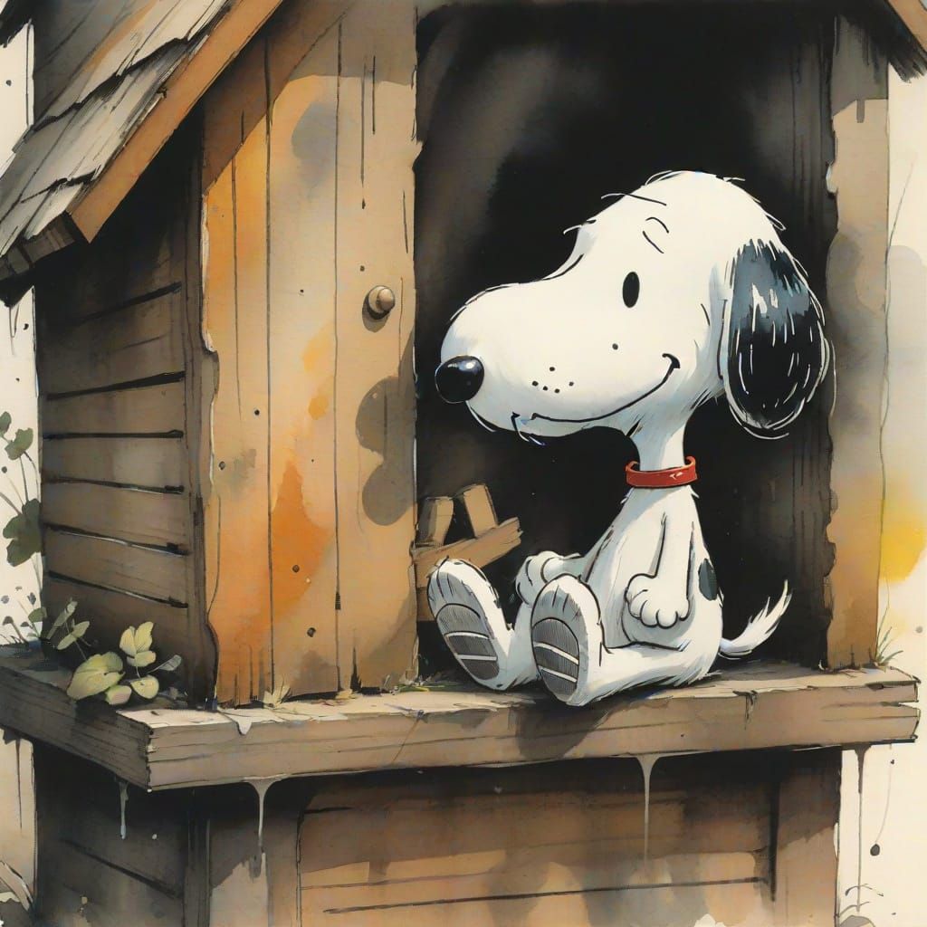Snoopy on Doghouse in Eerie Watercolor Style