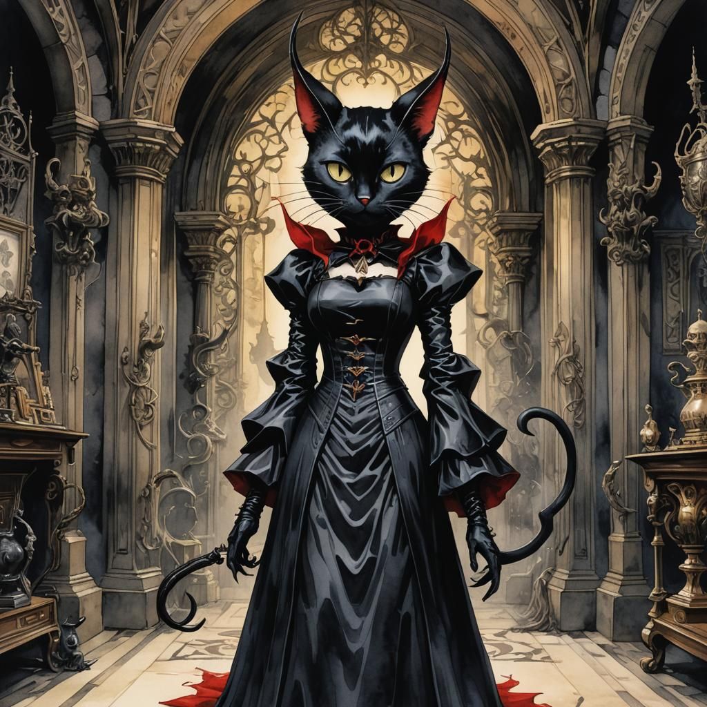 Creepy Whimsical Manga Cat Devil in Gothic Room