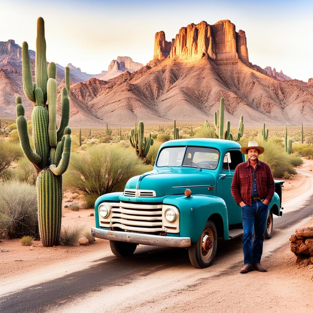 Man and Old Truck in Arizona Desert