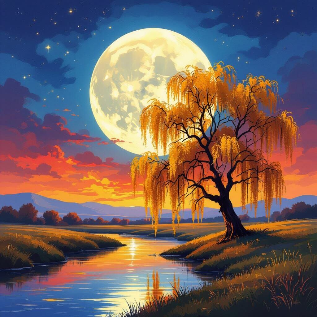 Willow Tree Under Moon in Dreamy Painterly Style