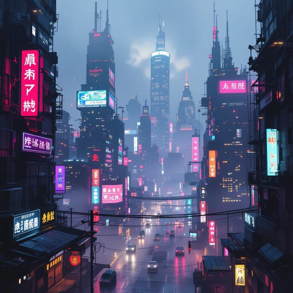 Neon Cyberpunk Metropolis at Dusk
