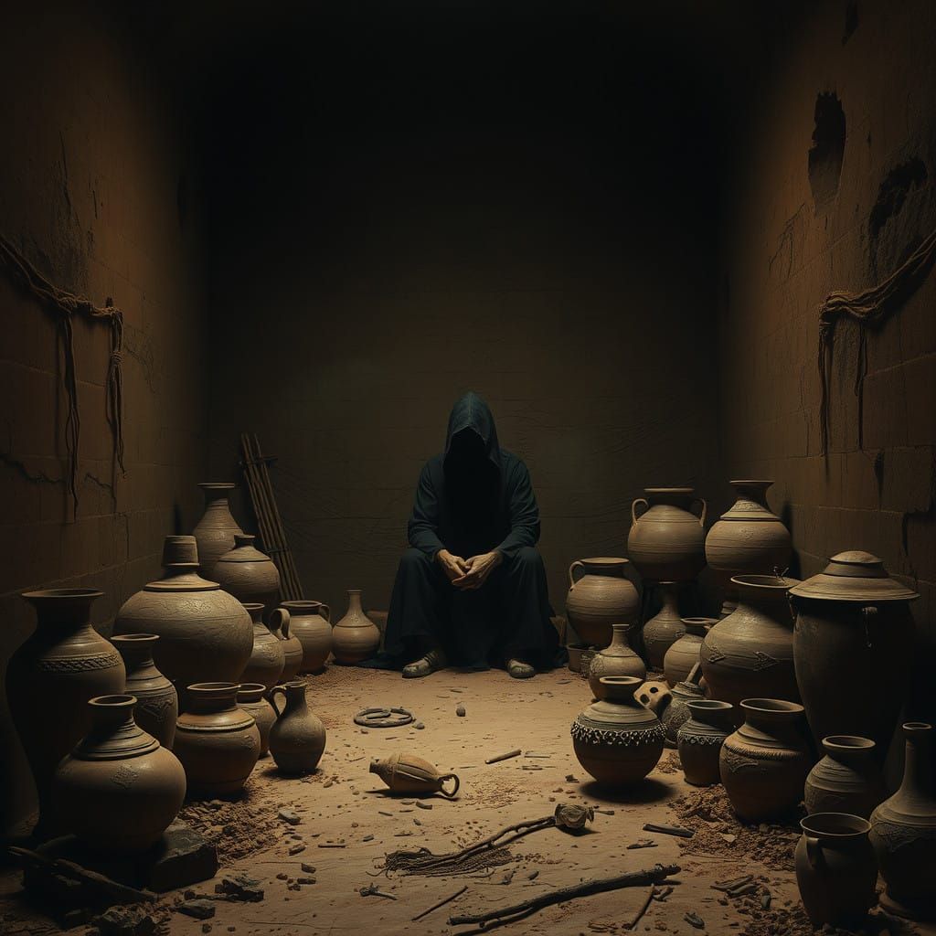 A Somber, Shrouded Figure Waits in an Earthen-Hued Chamber