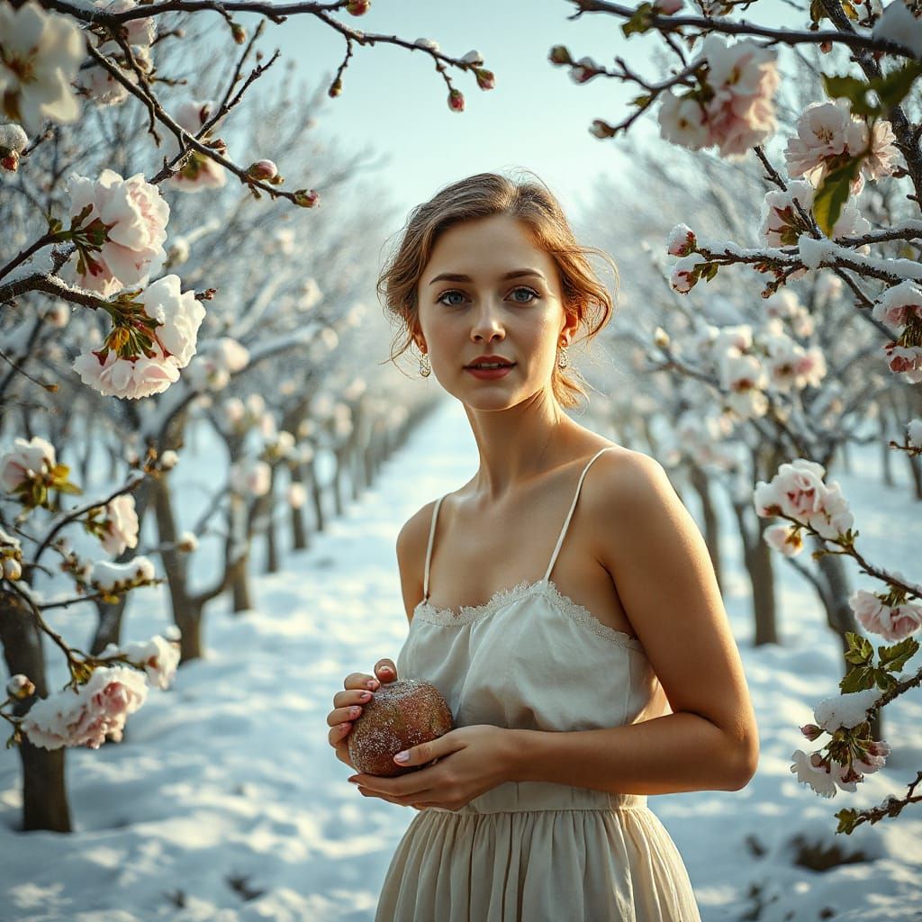 Snowstorm Interrupted: Woman in Orchard, Pre-Raphaelite Styl...