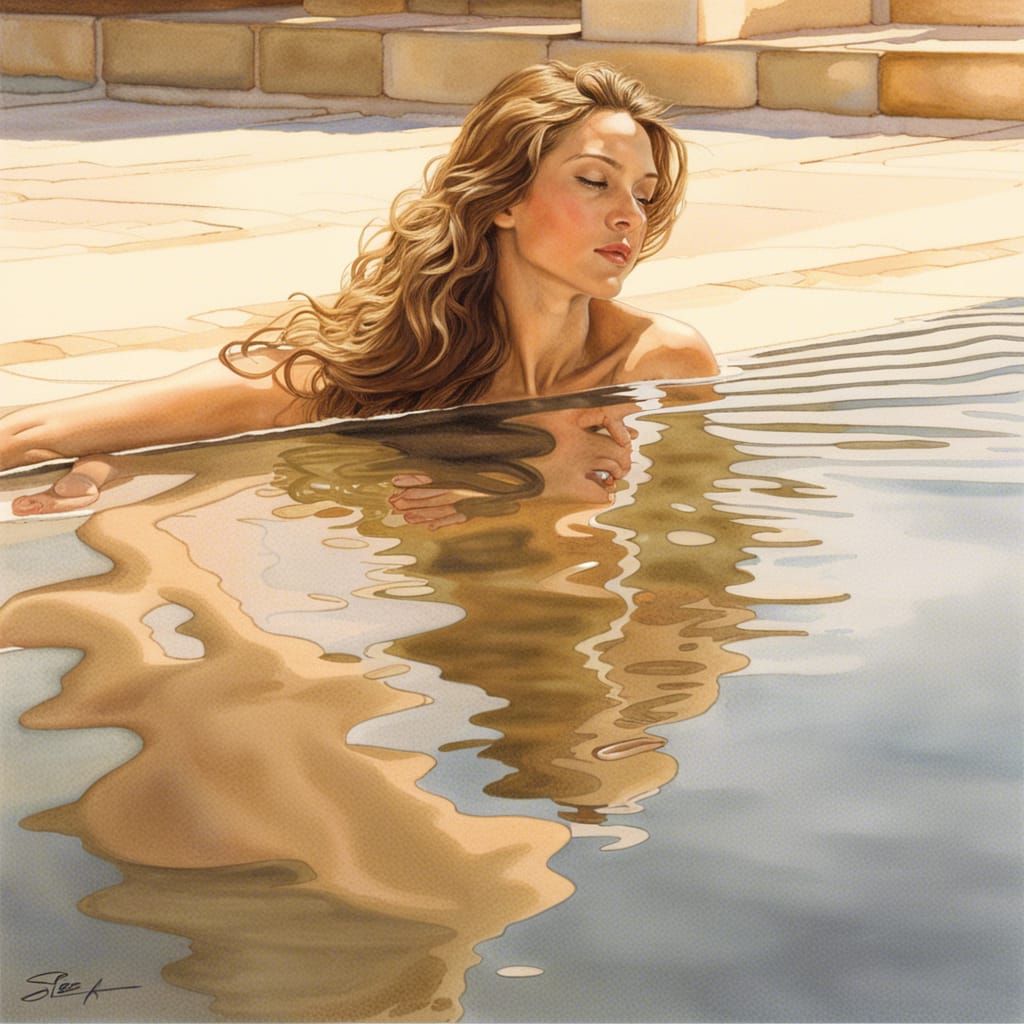 Hyperrealistic Watercolor of Woman by Pool