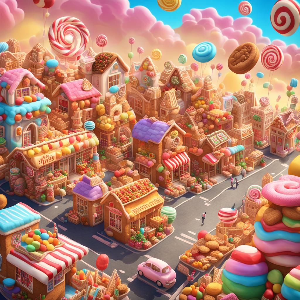 Candy Town with Biscuit People, Hyperrealistic Digital Art