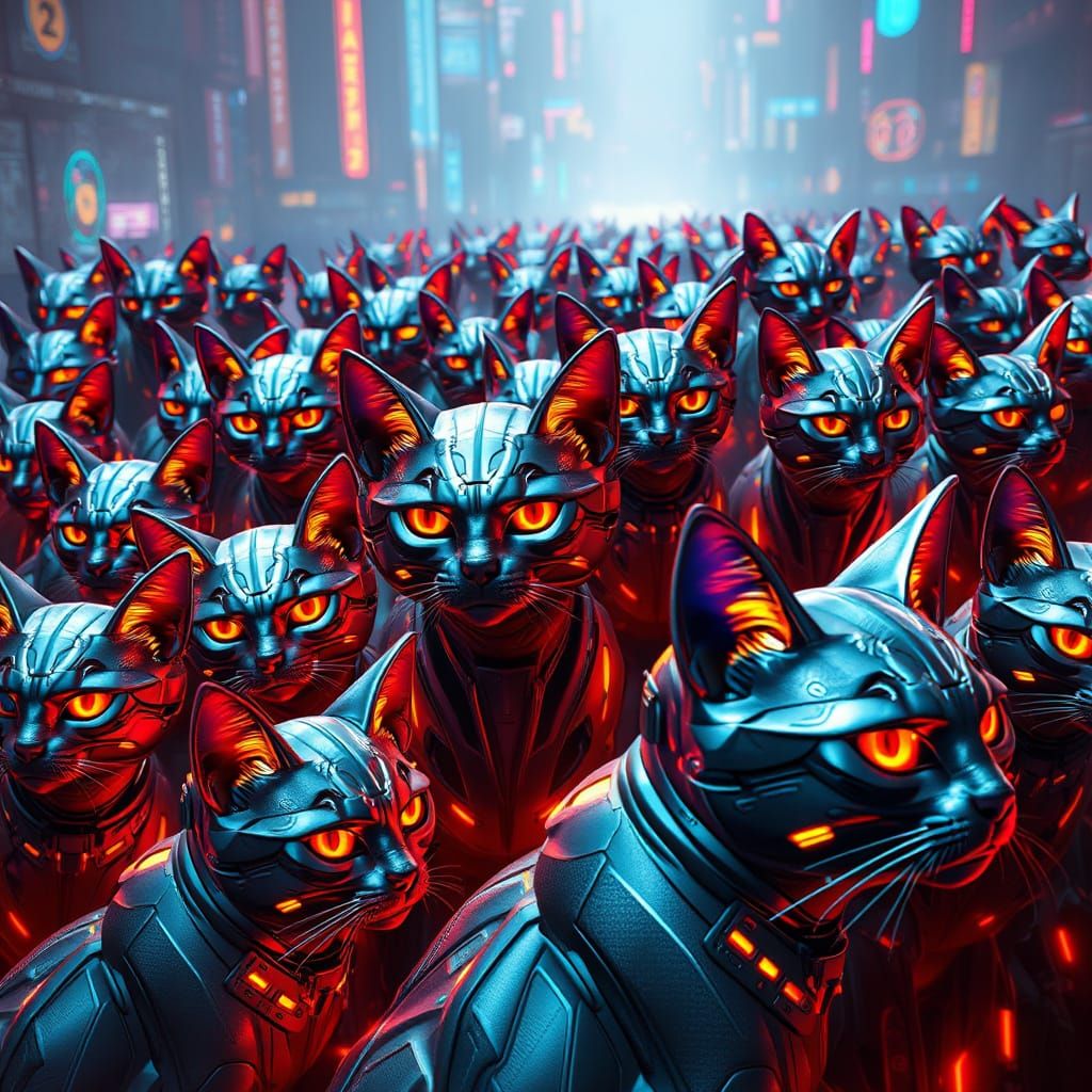 Futuristic Cyber Cats in Vibrant Cityscape