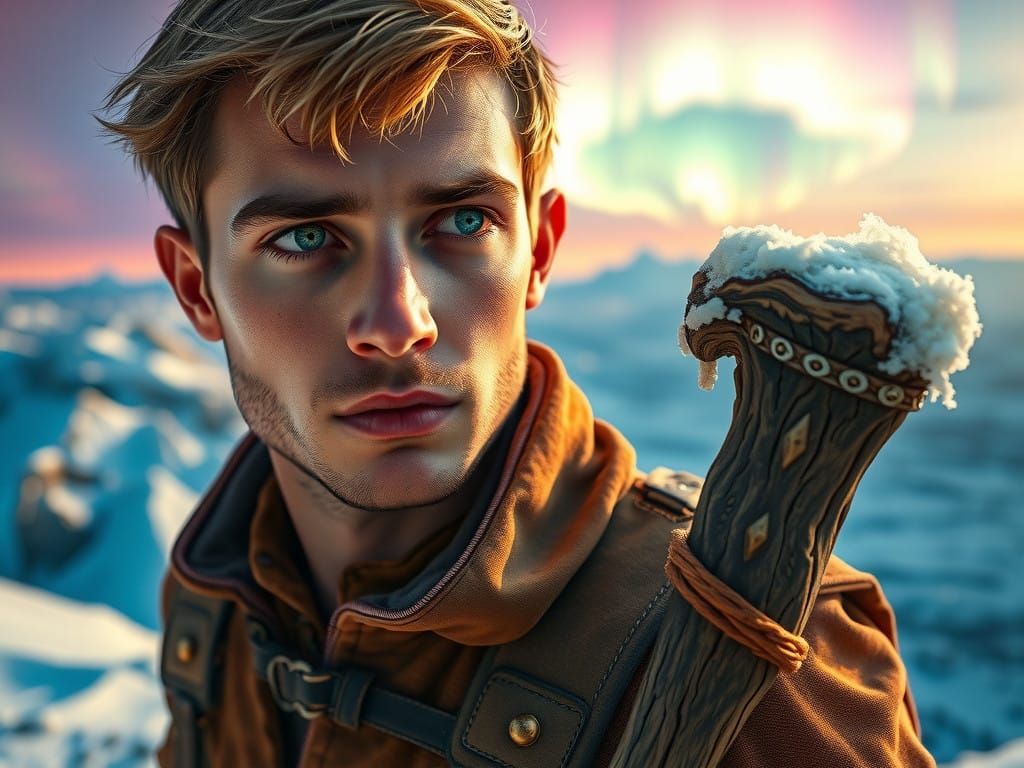 Adventurous Nordic Youth Gazing at Aurora Borealis Landscape...