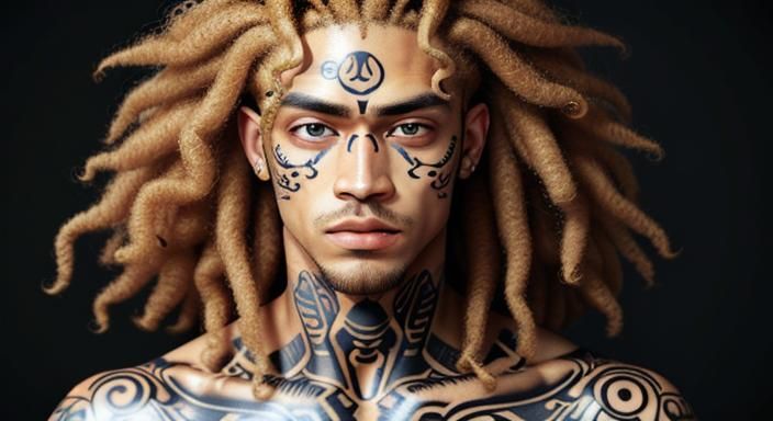 "light skin boy with curly blond hair and all- eyes with tattoos on his face