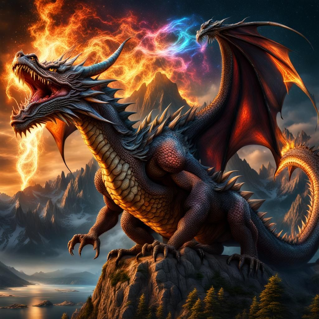 Majestic Dragon Unleashing Multicolor Flames