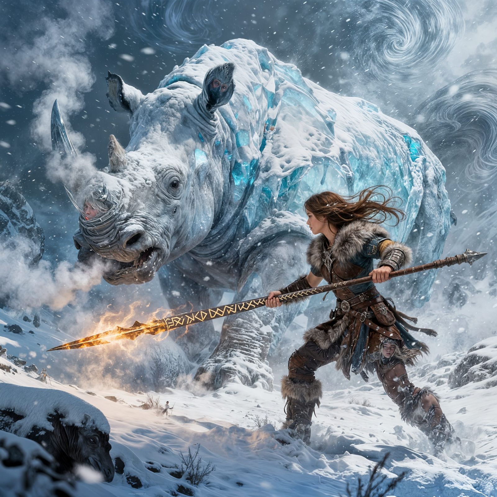 Warrior Battles Giant Snow Rhino in Blizzard