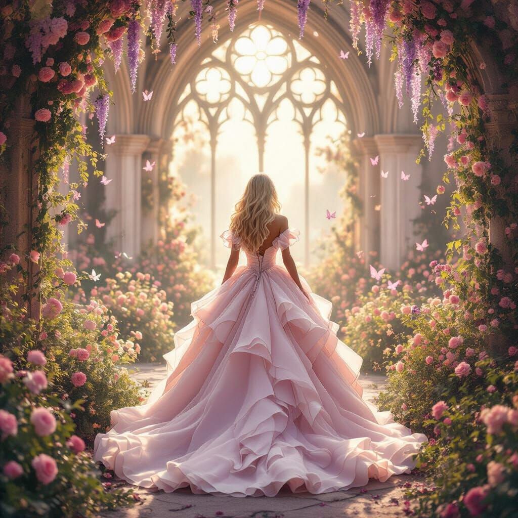 Woman in Ballgown Walks Through Floral Gothic Cathedral