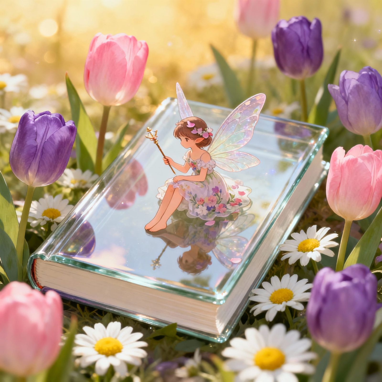 Glass Book With Fairy Amidst Tulips and Daisies