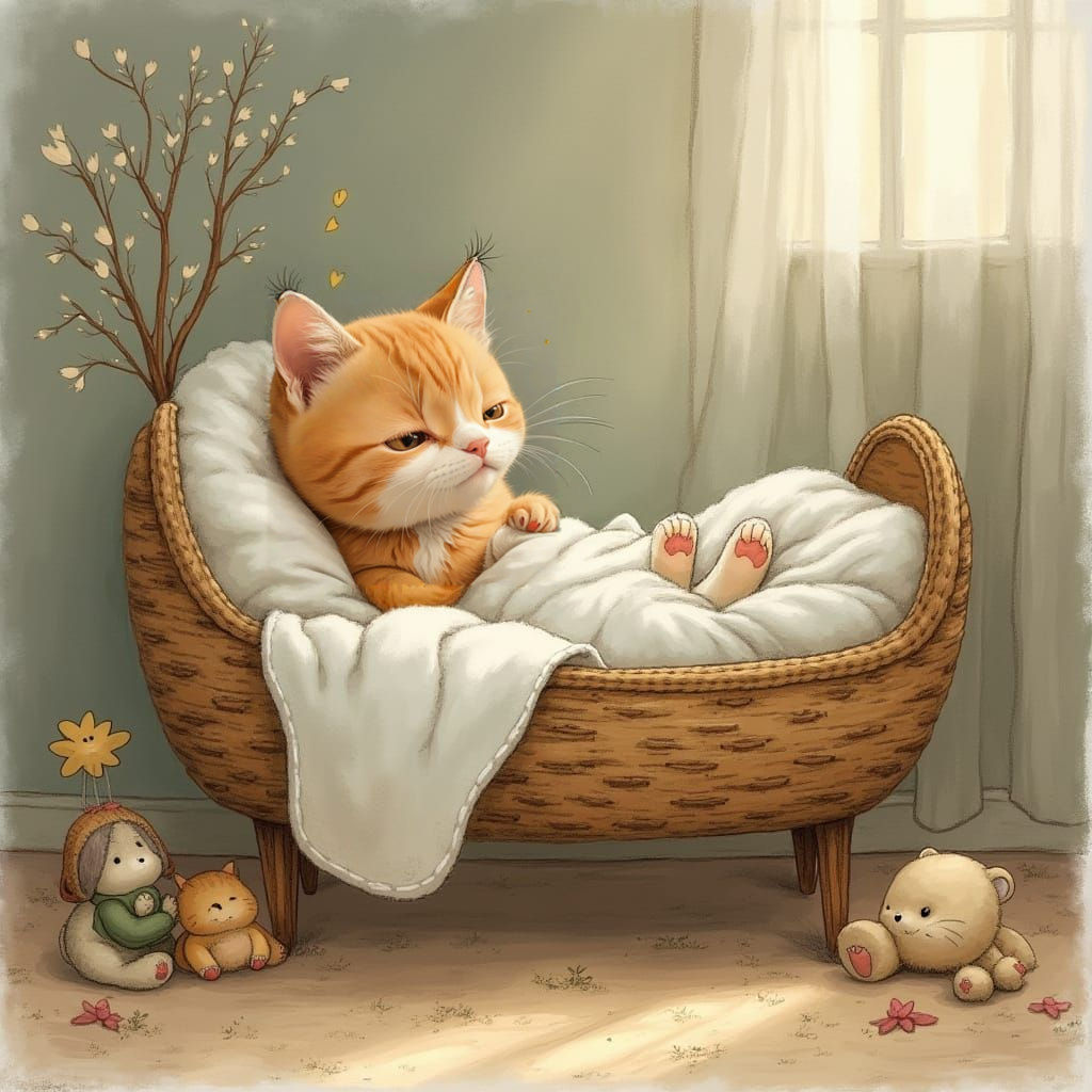 Cat Comfortably Sleeping in Cradle
