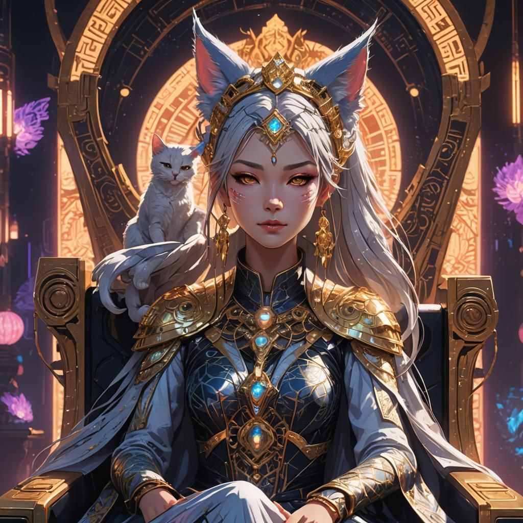 Futuristic Anime Catgirl Queen in Neon Environment