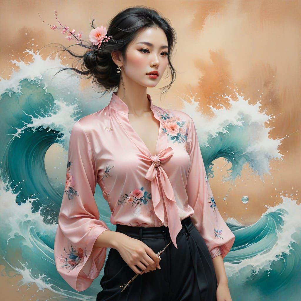 Woman on Spikes in Chinese Watercolor Painting