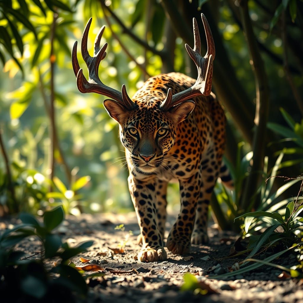Majestic Leopardeer in Sun-Dappled Jungle Clearing