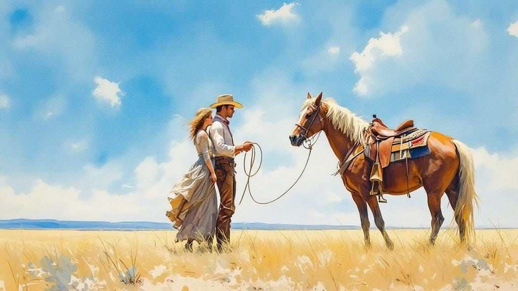 Western Cowboy and Woman in Airy Prairie Scene