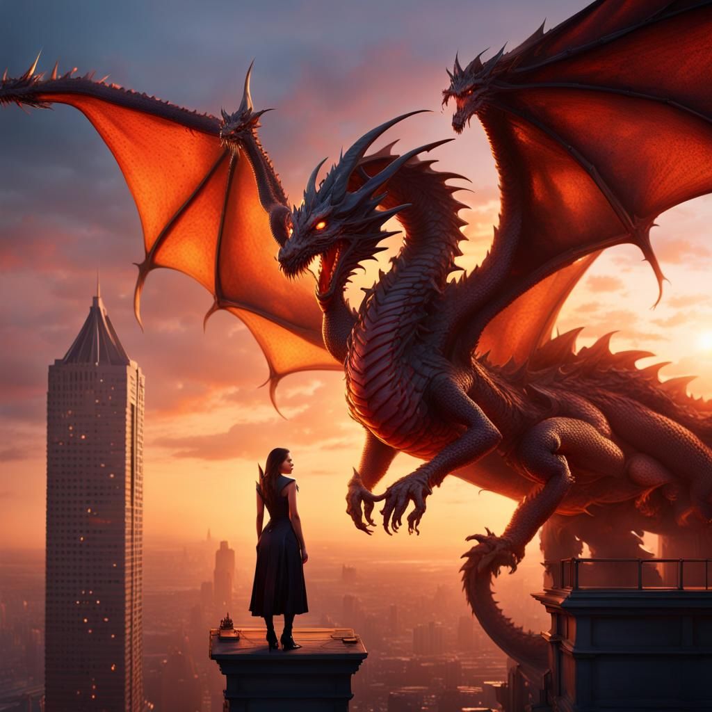 Sunset Silhouette with Dragon, Fantasy Concept Art