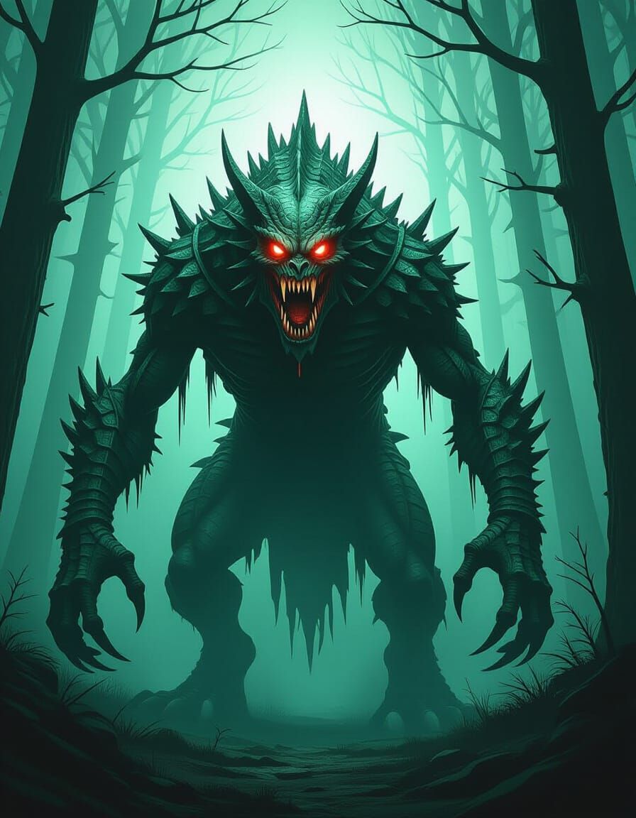 Terrifying Scaly Monster in Eerie Green Forest