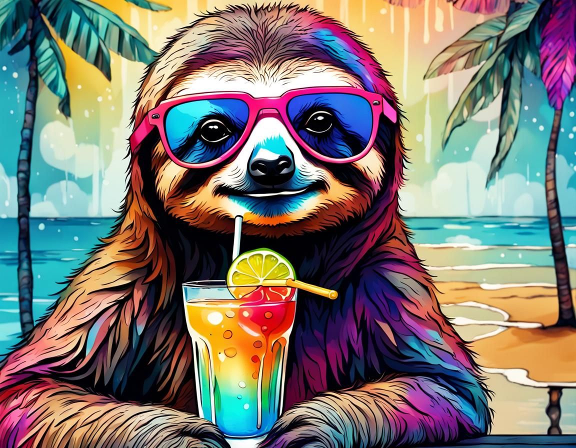 A Cute sloth with sunglasses, swim wear drinking a cocktail ...