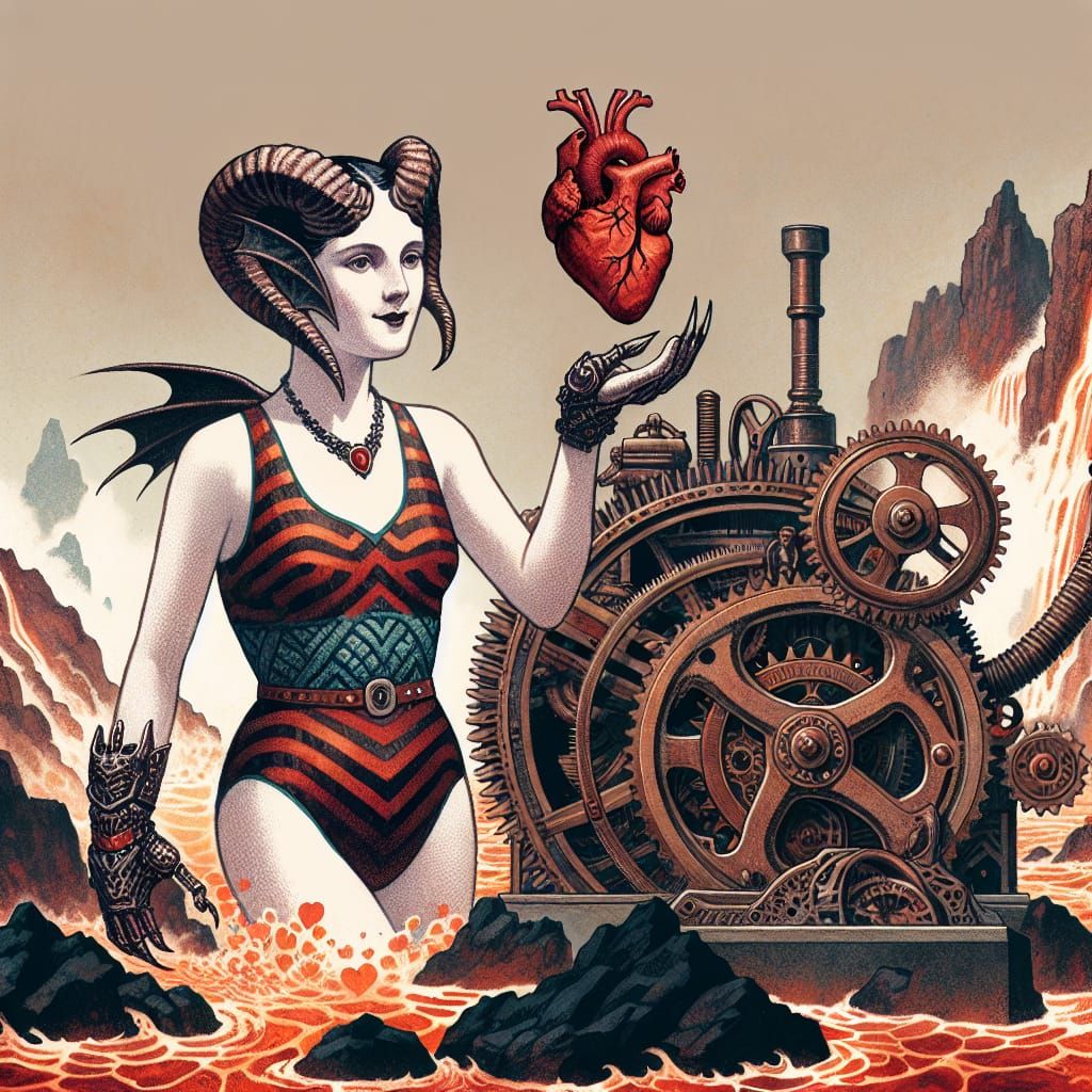 Steampunk Demon with Heart in Molten Landscape