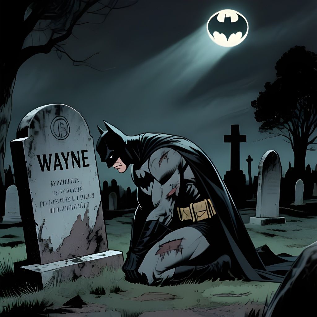 Batman Kneels at Parents' Grave Under Batsignal