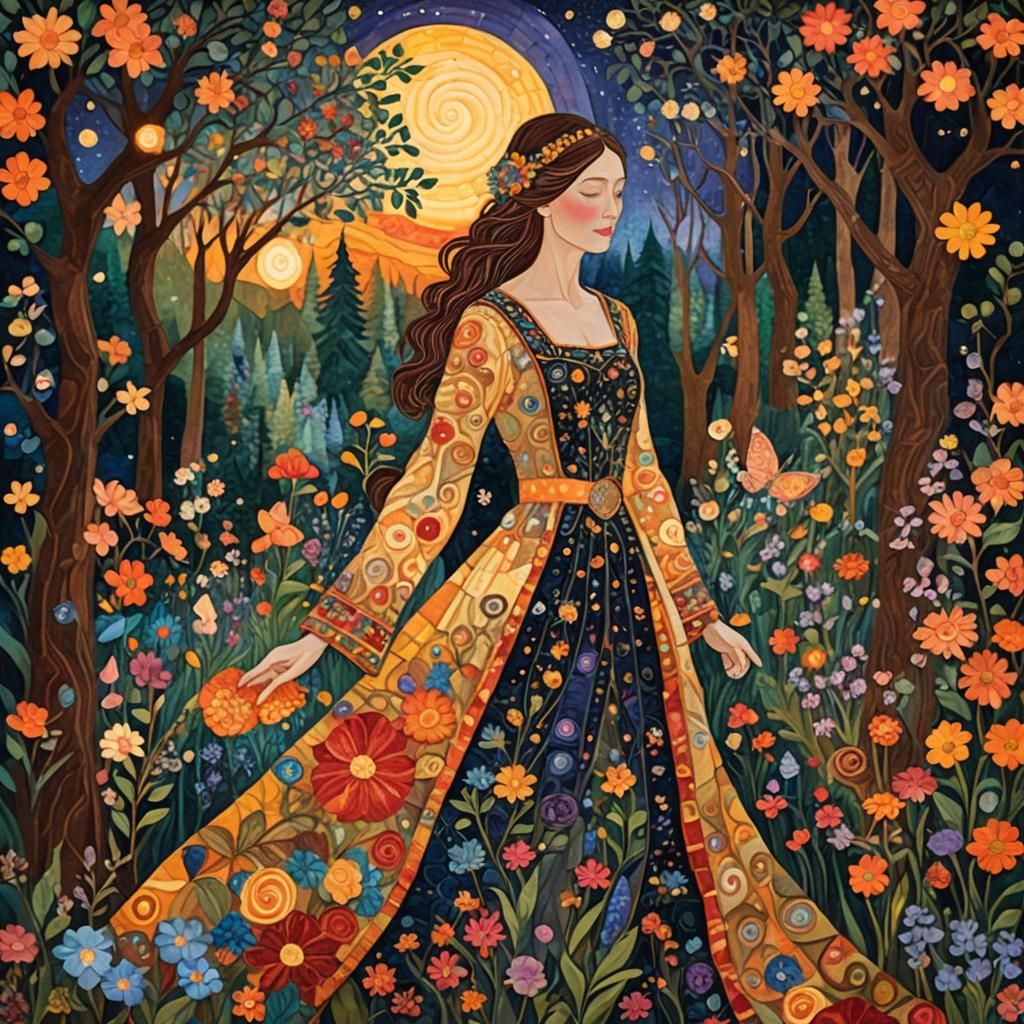 Sunset Woman in Quilted Enchanted Forest, Vibrant Art