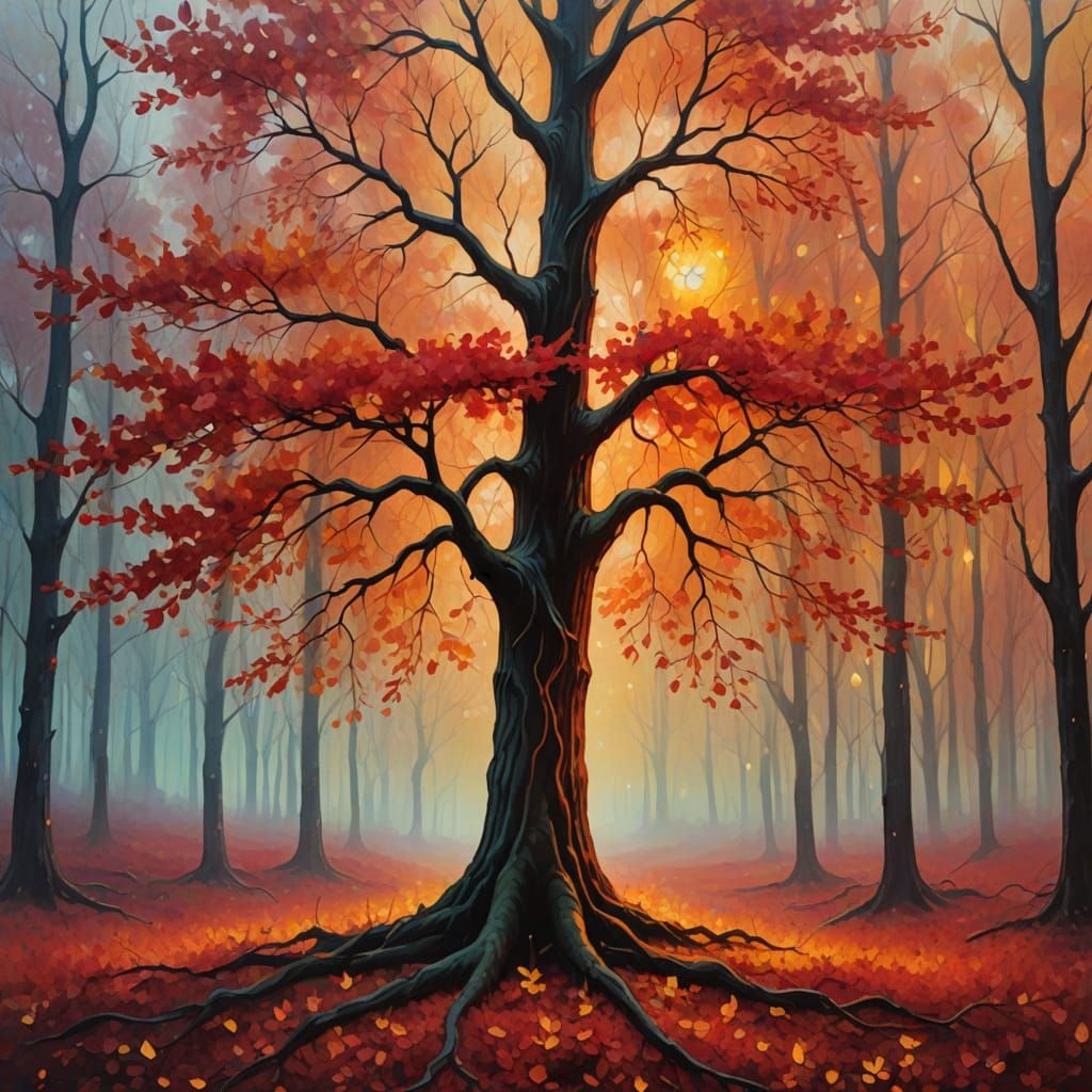 Ethereal Forest Scene with Fiery Red Leaves