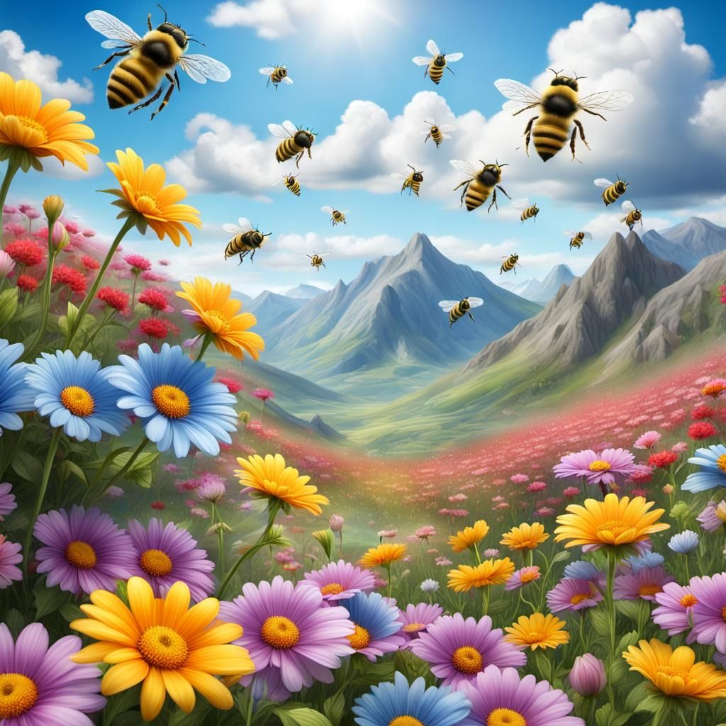 Colorful Flower Field with Bees in 3D
