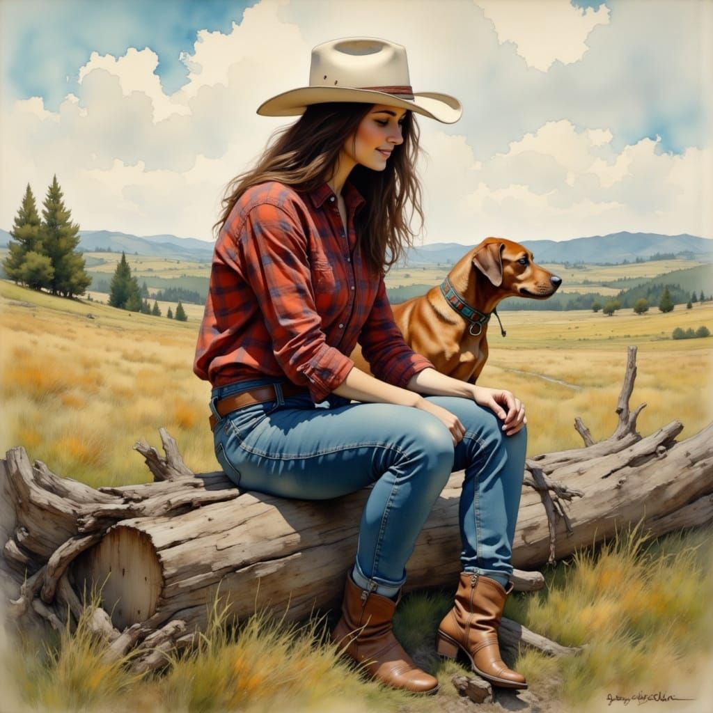 Rustic Cowgirl Serenity in Painterly Style