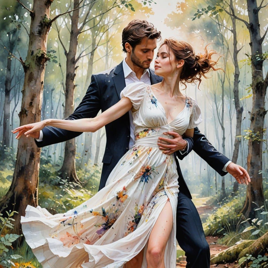 Romantic Woodland Dance at Dusk in Watercolour Style