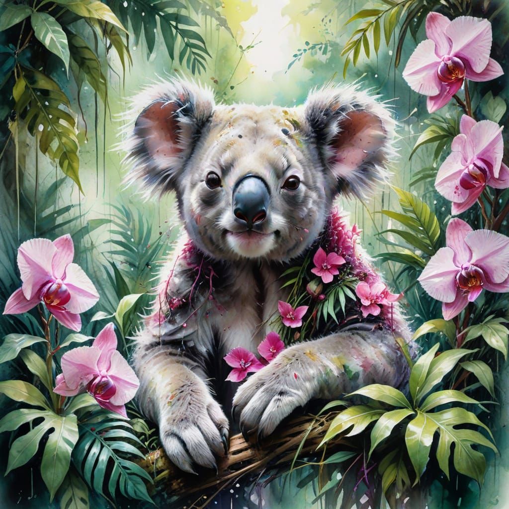 Koala Lounging in Tropical Vines Watercolor Painting