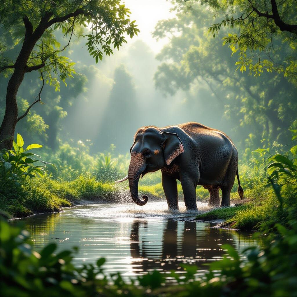 Elephant's Serene Jungle Bath at Dawn