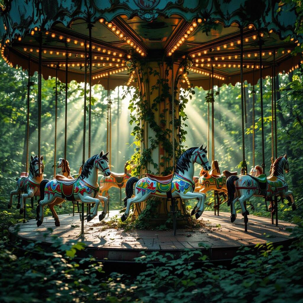 Abandoned Carousel in Overgrown Forest